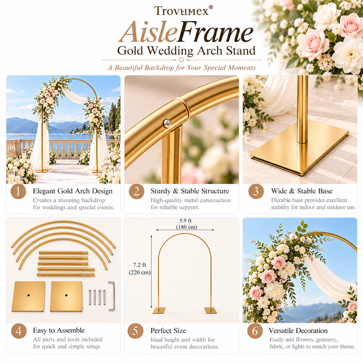 Trovunex® AisleFrame Gold Wedding Arch Stand