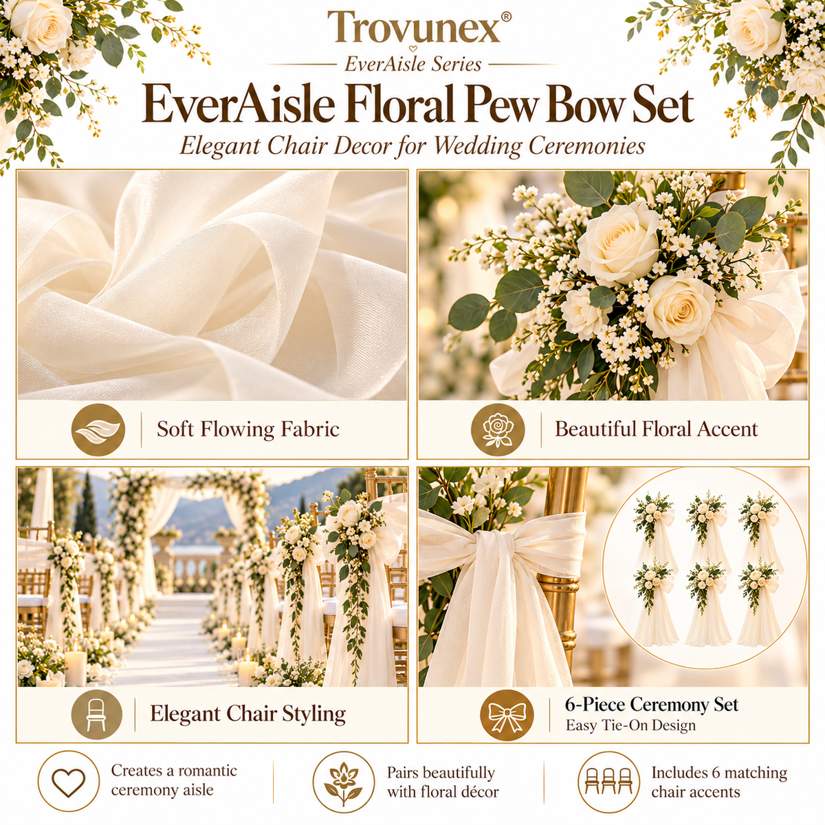 Trovunex® EverAisle Floral Pew Bow Set