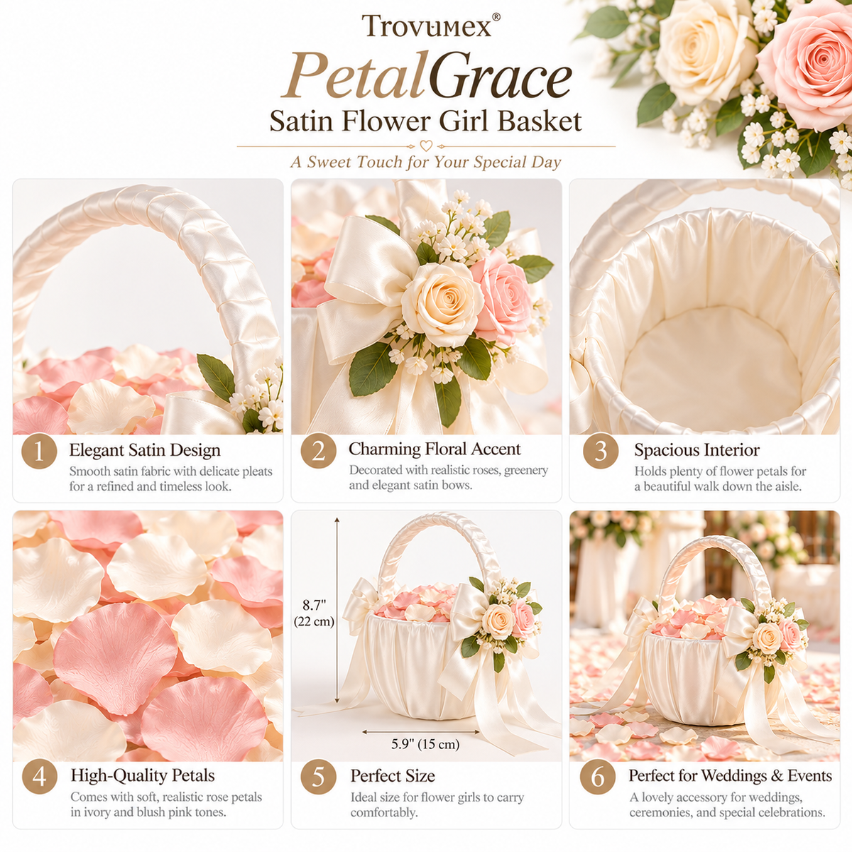 Trovunex® PetalGrace Satin Flower Girl Basket