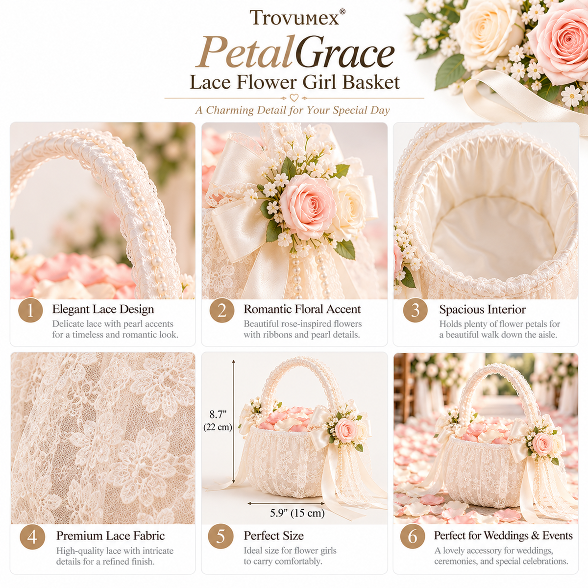 Trovunex® PetalGrace Lace Flower Girl Basket